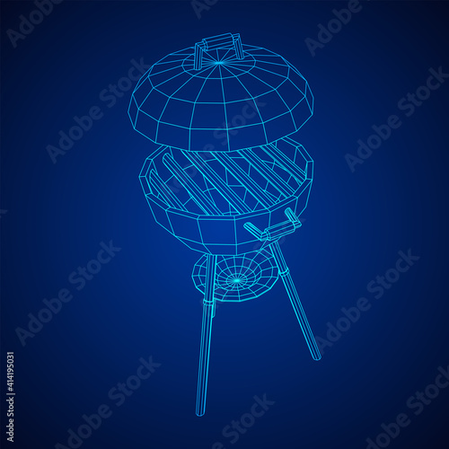 Round barbecue grill. Outdoor bbq party. Wireframe low poly mesh vector illustration
