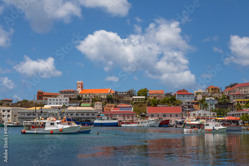Caribbean, Grenada, St. George's. Boats in The Carenage harbor.