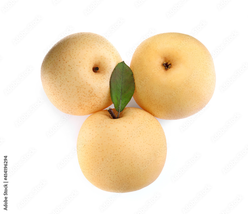 Fresh ripe apple pears on white background, top view Fresh ripe apple pears on white background, top view