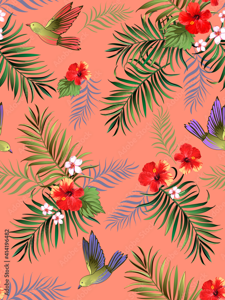Tropical vector pattern with hibiscus, orchid, palm leaves.Exotic style. Seamless botanical print for textile, print, fabric on dark background. Tropical vector pattern with hibiscus, orchid, palm leaves.Exotic style. Seamless botanical print for textile, print, fabric on dark background.