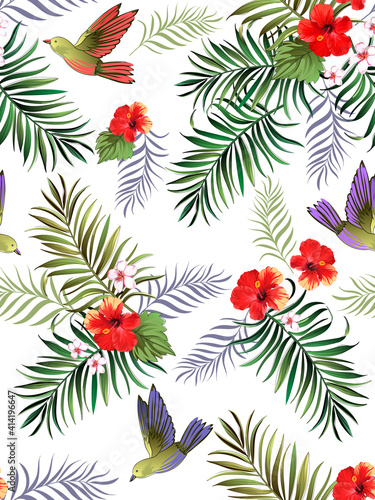 Tropical vector pattern with hibiscus, orchid, palm leaves.Exotic style. Seamless botanical print for textile, print, fabric on dark background.