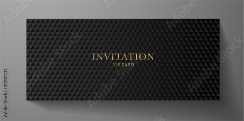 Premium VIP Invitation template with abstract black triangle pattern (carbon texture) on background. Luxury design for invite, Gift certificate, Voucher, Gift card or coupon