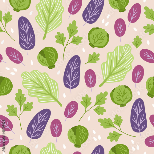 Vegetables seamless pattern with parsley, salad, sesame, brussel sprout