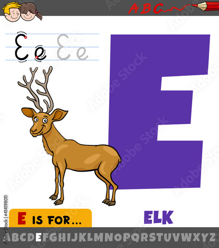 letter E from alphabet with cartoon elk animal character