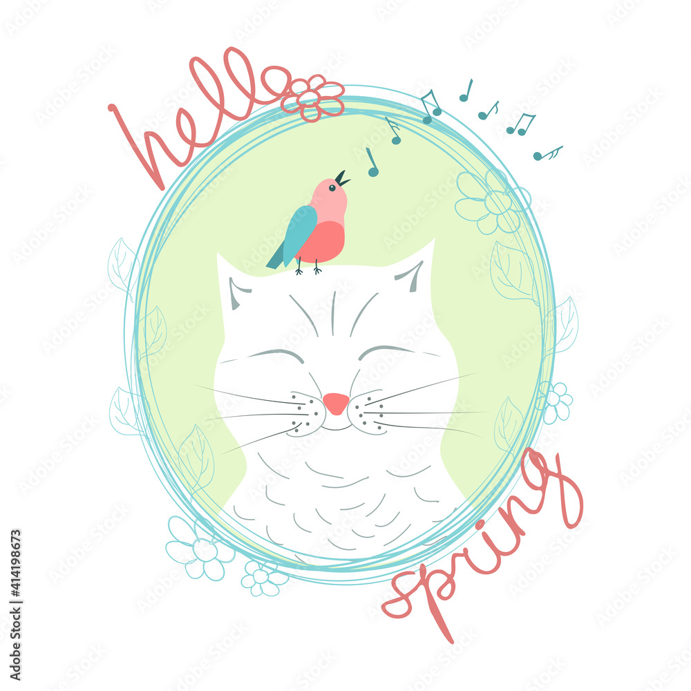 Obraz premium white happy cat with closed eyes, pink singing bird with blue wings, music signs and handwritten inscription hello spring in pink in an oval blue frame