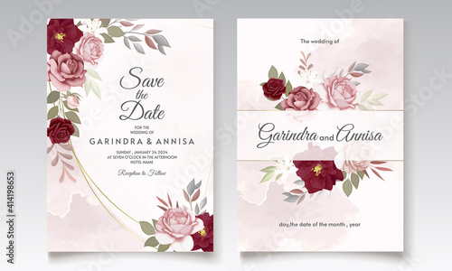  Elegant wedding invitation card with beautiful  maroon  floral and leaves template Premium Vector