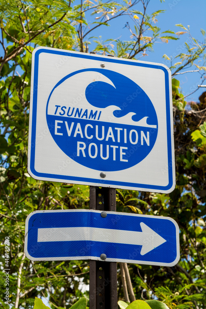 Tsunami warning evacuation sign, Sandy Point National Wildlife Refuge, St. Croix, US Virgin Islands.