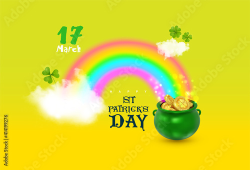 St. Patrick s Day symbol green pot. Template for text with fern leaves for St. Patrick's Day. Holiday. Place for text. Poster. Advertising on the billboard. Vector isolated on yellow background.