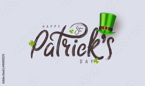 Happy Saint Patrick's Day logotype. Irish celebration design. Beer festival lettering typography icon. Drawn typography badge with green hat and shamrock. Vector elements isolated on white background.