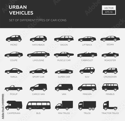 Car Type and Model Objects icons Set . Vector black illustration isolated on white background. Variants of automobile body silhouette for web.