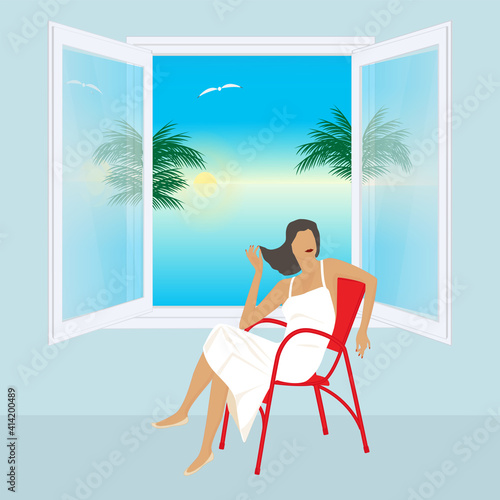 Woman sitting by the open window overlooking the sea, palm trees, sun - vector.
