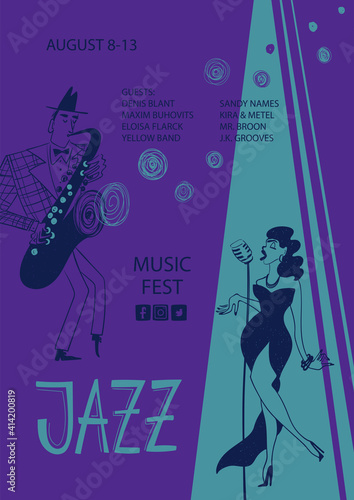 Colorful jazz poster with singer and saxophone player