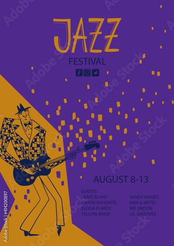 Colorful jazz poster with cartoon guitar player