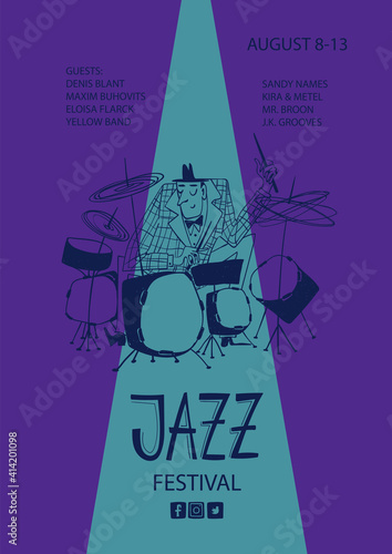 Colorful jazz poster with cartoon funny drummer
