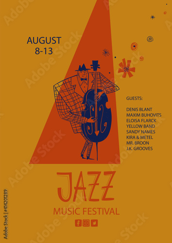 Colorful jazz poster with cartoon double bass player