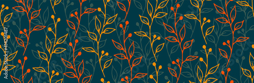 Berry bush sprouts organic vector seamless ornament. Modern herbal fabric print. Meadow plants leaves and blossom wallpaper. Berry bush twigs doodle seamless design