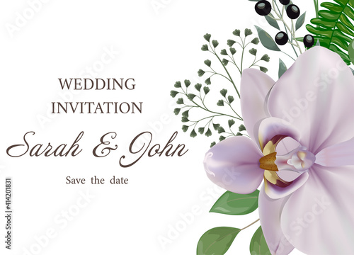 Wedding invitation with flowers, watercolor, isolated on white. Vector Watercolor.
