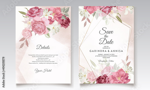  Beautiful floral frame wedding invitation card template Premium Vector
