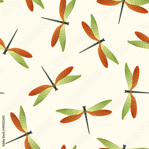 Dragonfly flat seamless pattern. Repeating clothes textile print with flying adder insects.