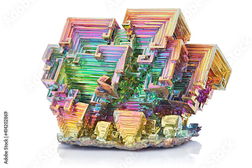 Amazing colorful shiny rainbow Bismuth Gemstone mineral macro closeup isolated on white background