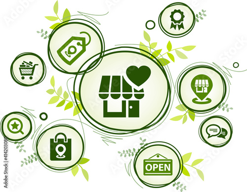 buy local vector illustration. Concept with icons related to small business, green retail, shopping in local store, customer loyalty, eco friendly retailer, regional shop, organic & sustainable.