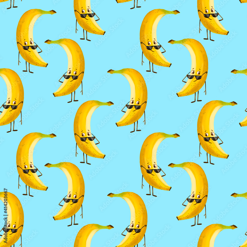 Fototapeta premium Yellow banana seamless pattern on blue background. Banana character in sunglasses
