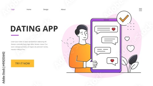 Online dating application abstract concept. Outline flat minimal style vector illustration. Website, web page, landing page template
