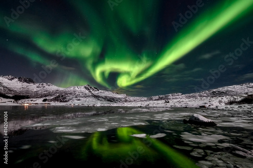 The northern lights  Norway  the Lofoten islands around the town of Nussfjord