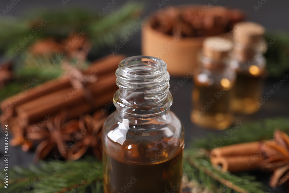 Bottle of anise essential oil, closeup view Bottle of anise essential oil, closeup view
