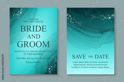 Modern abstract luxury wedding invitation design or card templates for birthday greeting or certificate or cover with turquoise watercolor waves or fluid art in alcohol ink style with silver glitter.