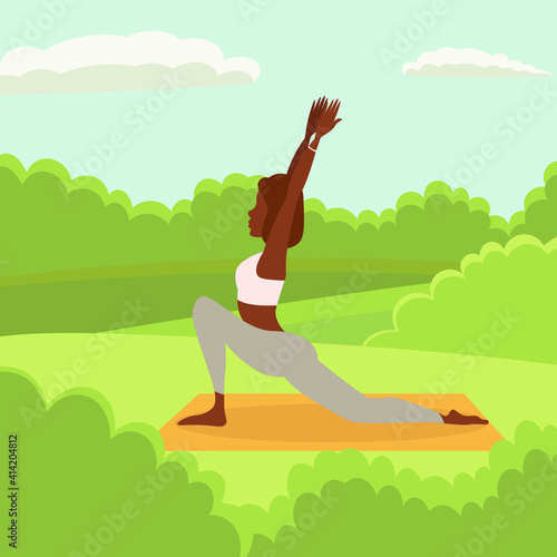slim athletic young african american woman practices yoga and fitness. Healthy lifestyle. Cartoon characters demonstrating different yoga poses, vector