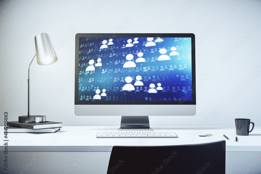 Modern computer display with social network icons concept. Networking concept. 3D Rendering Modern computer display with social network icons concept. Networking concept. 3D Rendering