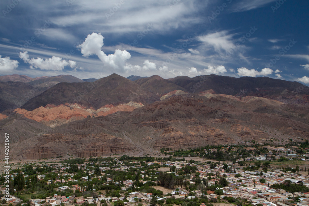 Altiplano landscape. Tilcara village at the foot of Humahuaca ravine in ...