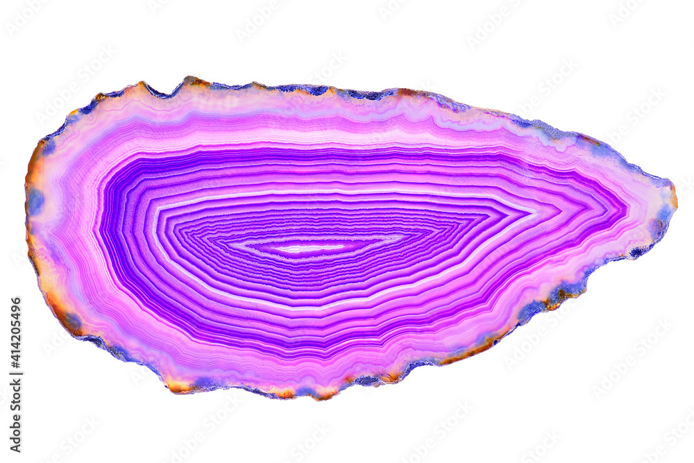 Amazing cross section of Violet Agate Crystal. Natural translucent agate crystal surface cut isolated on white background, Purple healing abstract structure slice mineral stone macro closeup Amazing cross section of Violet Agate Crystal. Natural translucent agate crystal surface cut isolated on white background, Purple healing abstract structure slice mineral stone macro closeup
