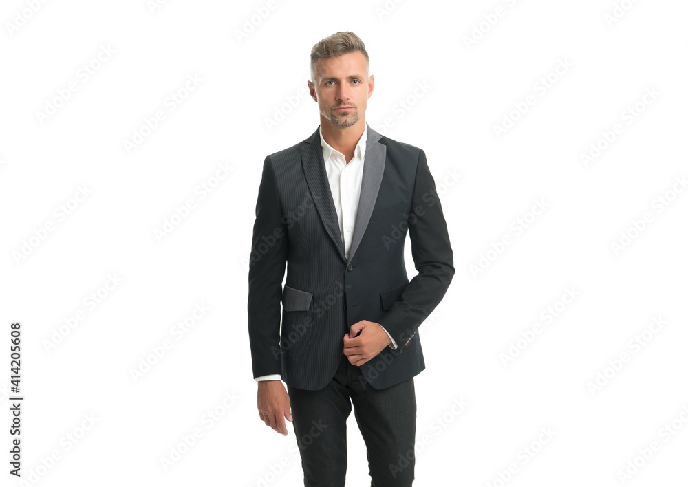 Single handsome guy with stylish haircut wear formal suit formalwear isolated on white, bachelor Single handsome guy with stylish haircut wear formal suit formalwear isolated on white, bachelor