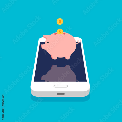 Gold coins and piggy bank in a 3d style. Money in a smartphone. Online deposit in your phone. Vector illustration.	
