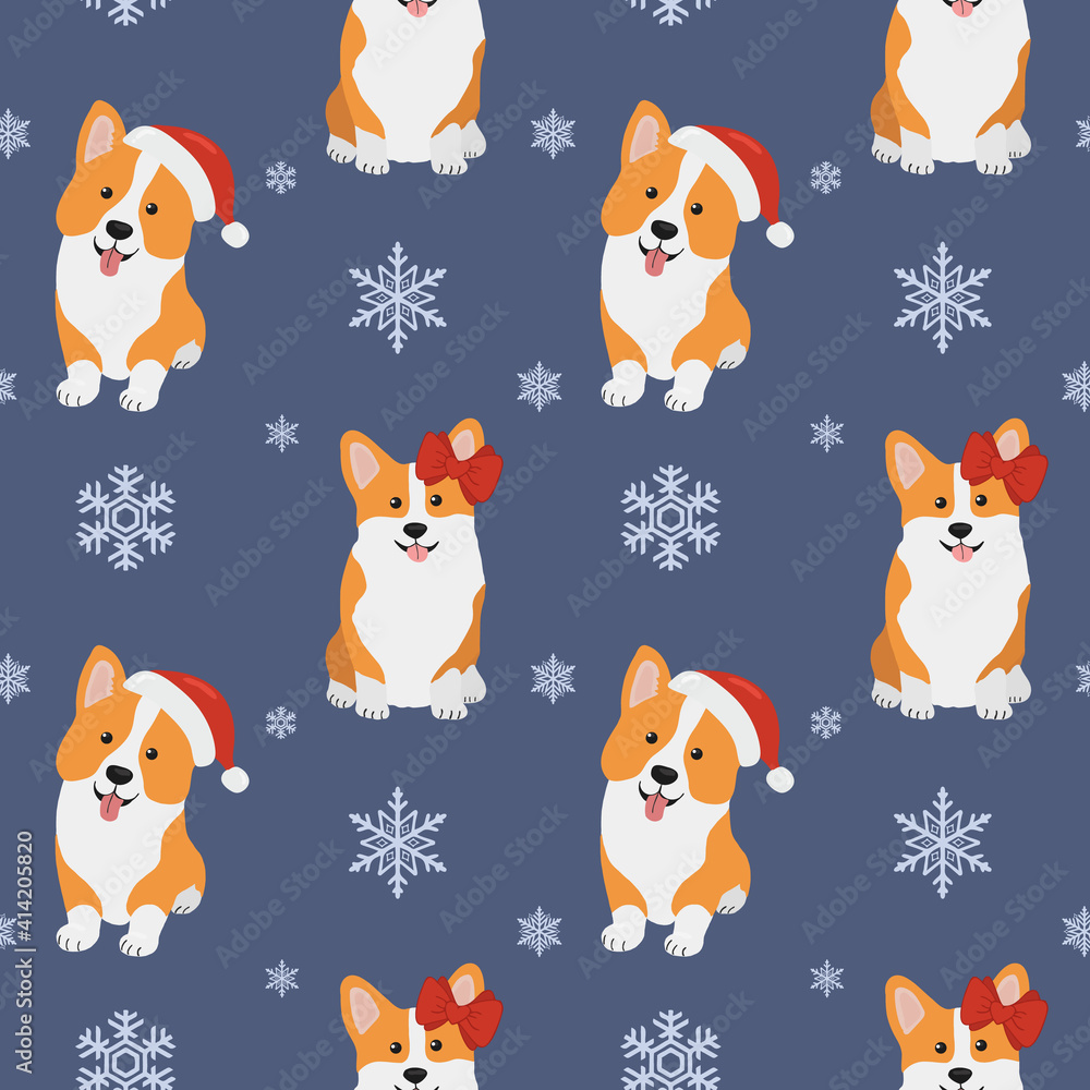 Seamless pattern with  corgis in Santa Claus hat and snowflakes. Background for wrapping paper,  greeting cards and seasonal designs. Merry Christmas and Happy new year.