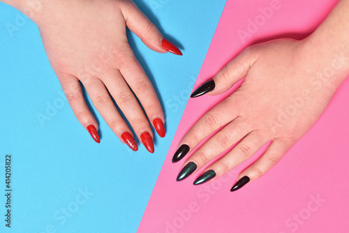 Female hands with of manicure result before and after
