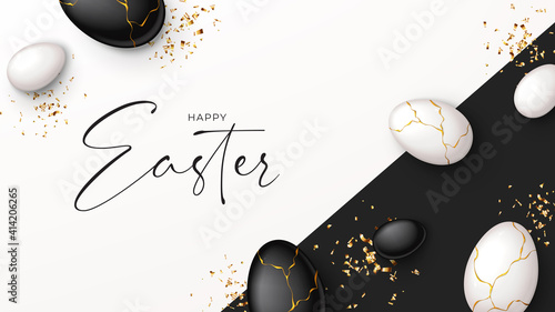 Happy Easter holiday banner. Top view on white and black eggs with golden liquid and golden confetti. Vector illustration with 3d decorative objects. Greeting banner.