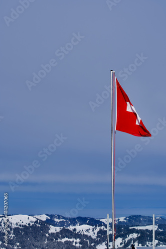 Swiss flag at ski resort of Hoch-Ybrig, Oberiberg, Switzerland.