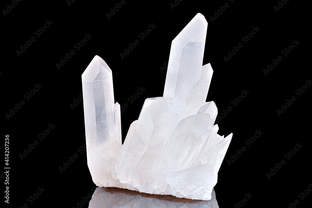 Amazing pure Quartz Crystal cluster gemstone closeup macro isolated on black background. Natural rare white mineral rough stone. Beautiful crystals arrangement - obrazy, fototapety, plakaty 