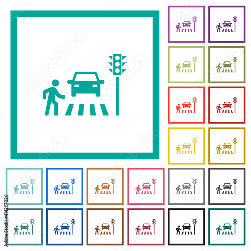 Pedestrian crossing flat color icons with quadrant frames