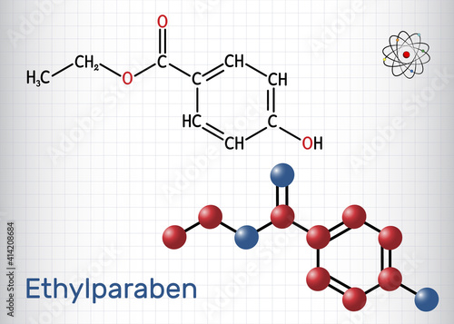 Ethylparaben, ethyl paraben, ethyl para-hydroxybenzoate molecule. It is ethyl ester, paraben, phytoestrogen, antifungal preservative, E214. Sheet of paper in a cage