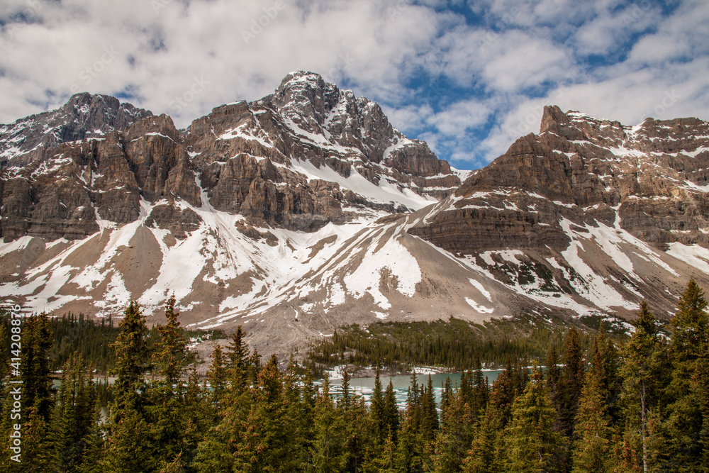 Banff National Park, Alberta, Canada. View and glaciers along the Icefields Parkway, including the Athabasca River.