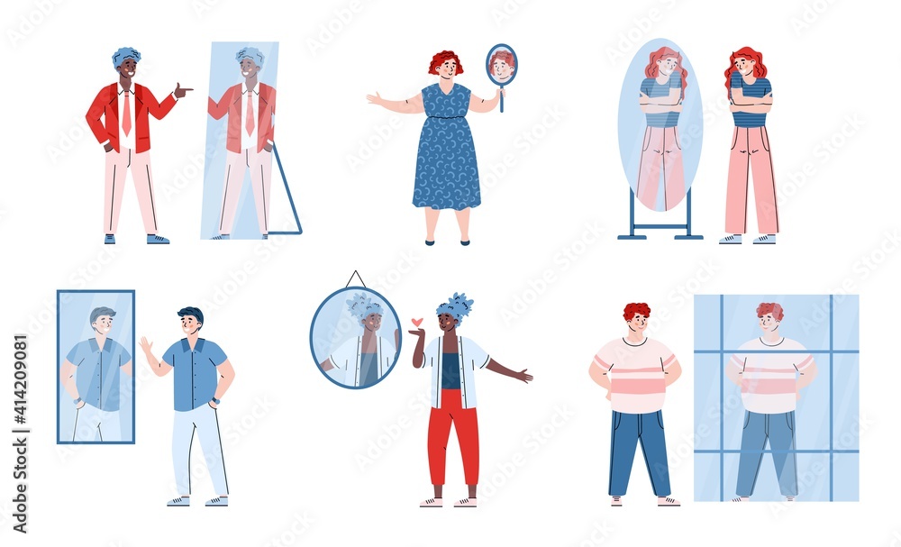 Body positive, self acceptance, esteem concept. Happy characters men and women admiring of themselves in mirrors with confidence and love to self. Vector isolated illustrations. Body positive, self acceptance, esteem concept. Happy characters men and women admiring of themselves in mirrors with confidence and love to self. Vector isolated illustrations.