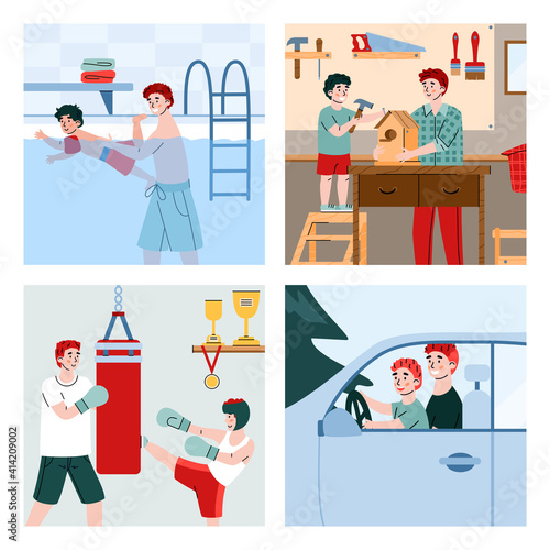 Father teaching son to swim in pool, carpenter, boxing and drive a car. Happy father day concept. Parent spending time together with child. Colorful vector flat illustrations.
