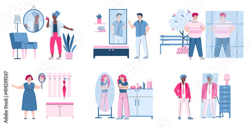 Sad unhappy people looking in mirror with dissatisfaction of their personal appearance. Body rejection and self hate, negative self assessment and acceptance. Vector illustrations.