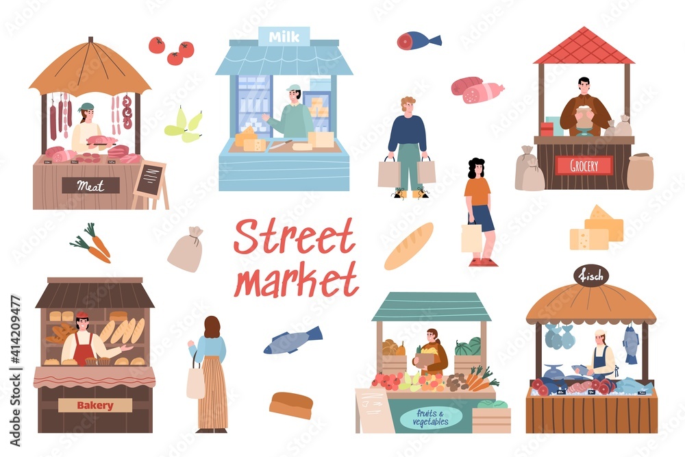 Street market set with local farmers cartoon characters behind stall counters. Local market booths and sellers, cartoon vector illustration isolated on white background.