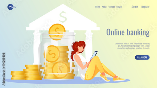 Website design. Jar with coins, Woman sitting with phone, bank background. Bank, budget, finance, savings concept. Vector illustration for poster, banner, advertising, website development. 