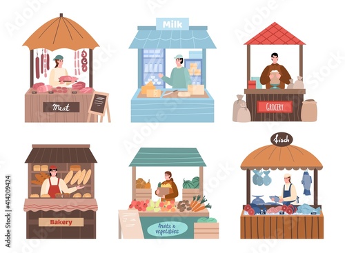 Set of local farmers characters behind stall counters. Local marketing retail business owners in their booths, cartoon vector illustration isolated on white background.